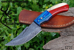 Damascus steel custom handmade clip point Skinner/hunting knife with Texas USA flag