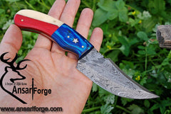 Damascus steel custom handmade clip point Skinner/hunting knife with Texas USA flag