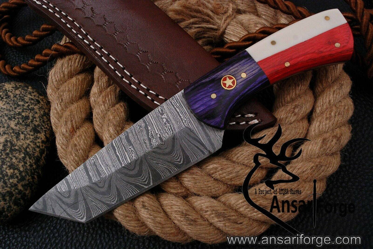 Damascus steel handmade tanto blade hunting knife Texas flag handle and free leather sheath