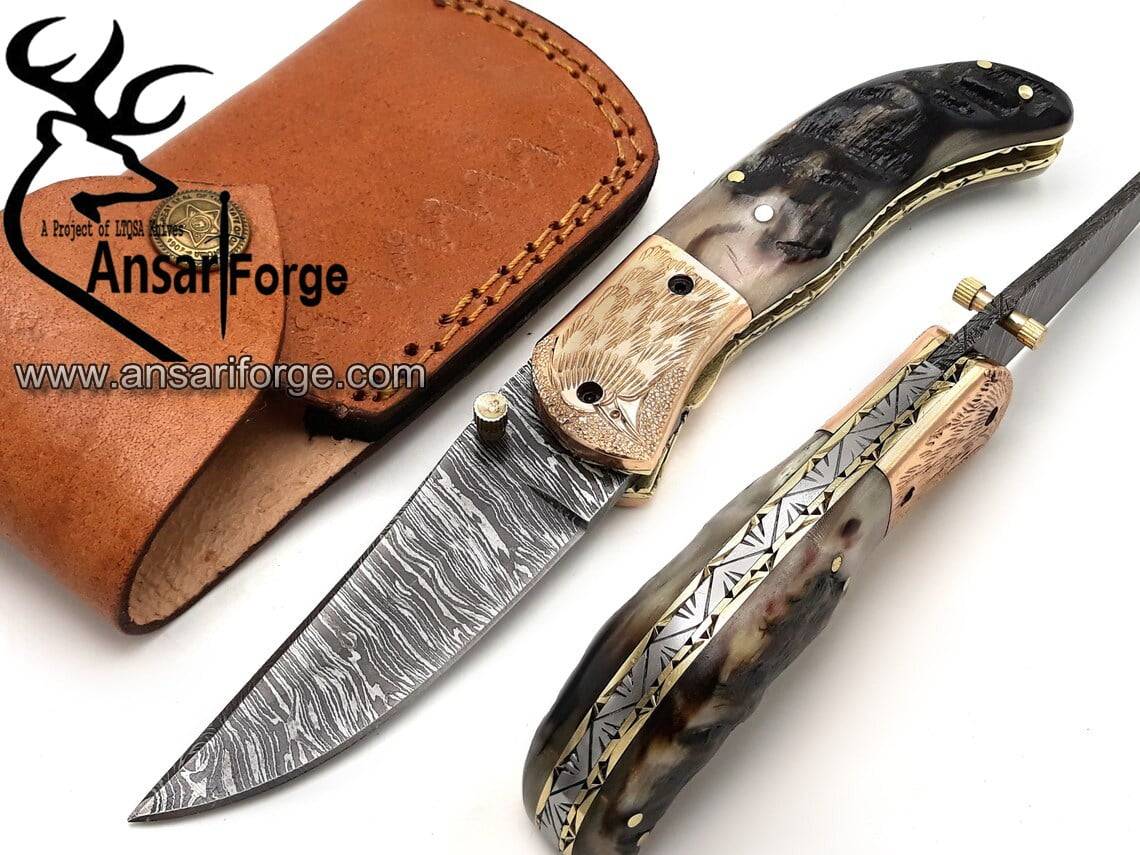 Damascus steel handmade pocket knife / folding liner lock blade