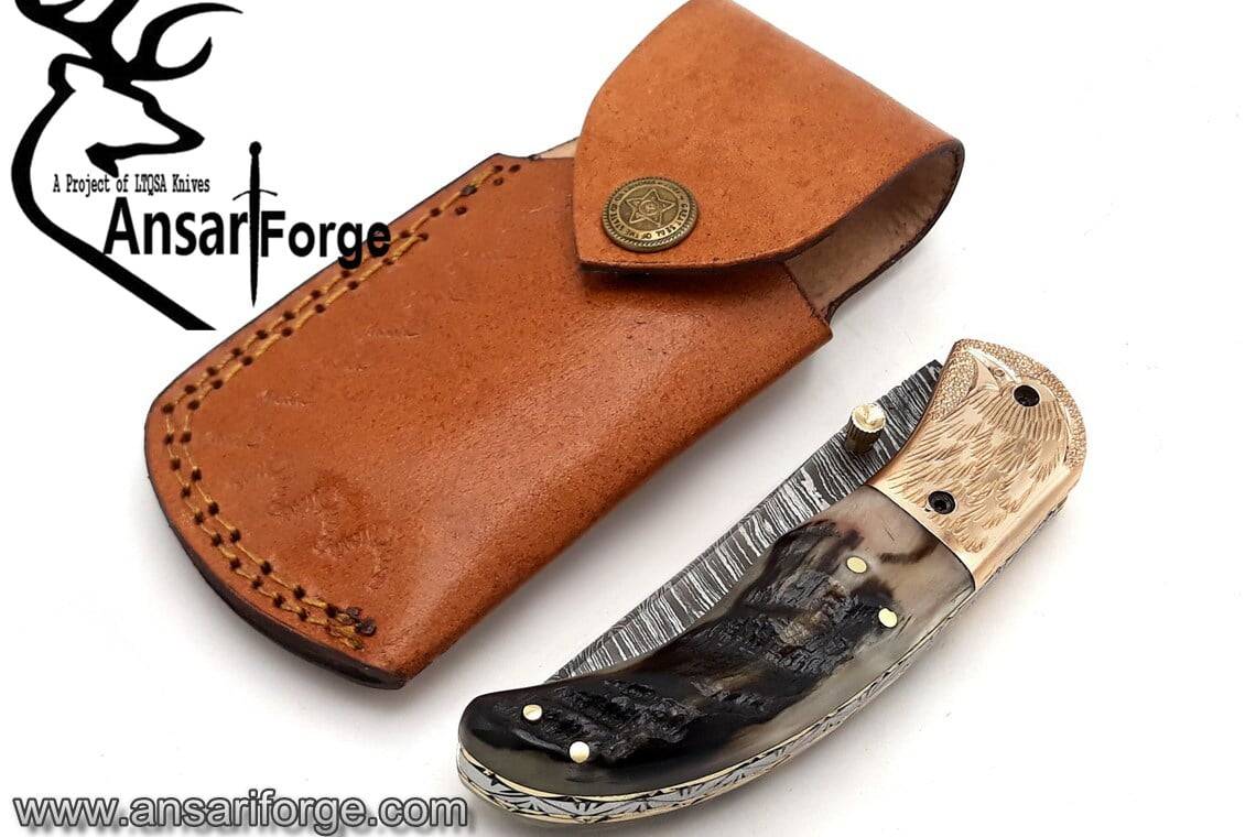 Damascus steel handmade pocket knife / folding liner lock blade