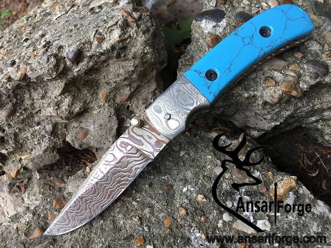 Damascus steel handmade custom folding pocket knife EDC