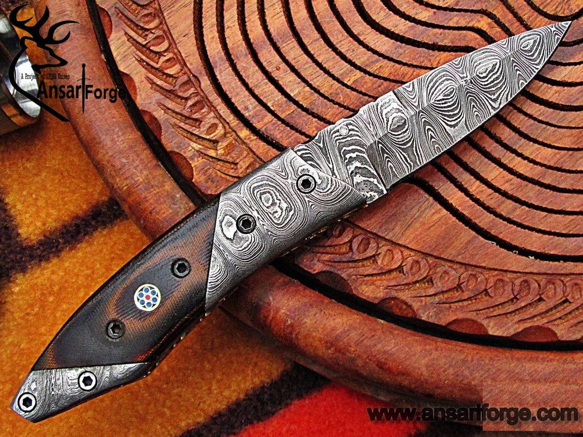 Damascus steel custom made folding pocket knife