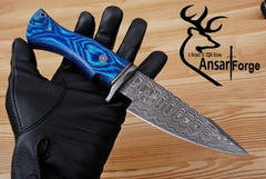 Damascus steel handmade hunting knife blue pakka wood handle