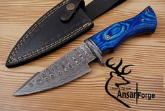 Damascus steel handmade hunting knife blue pakka wood handle