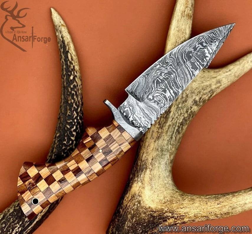 Custom Damascus hunting knife with sheath