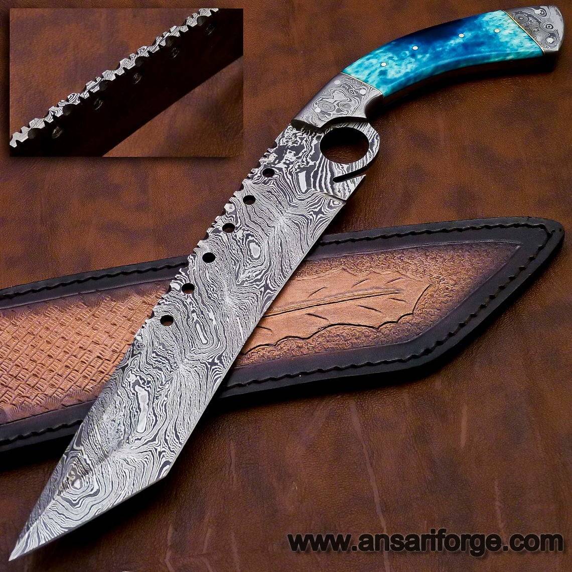 Damascus steel Tanto blade hunting knife finger hole grip