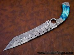 Damascus steel Tanto blade hunting knife finger hole grip