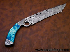 Damascus steel Tanto blade hunting knife finger hole grip