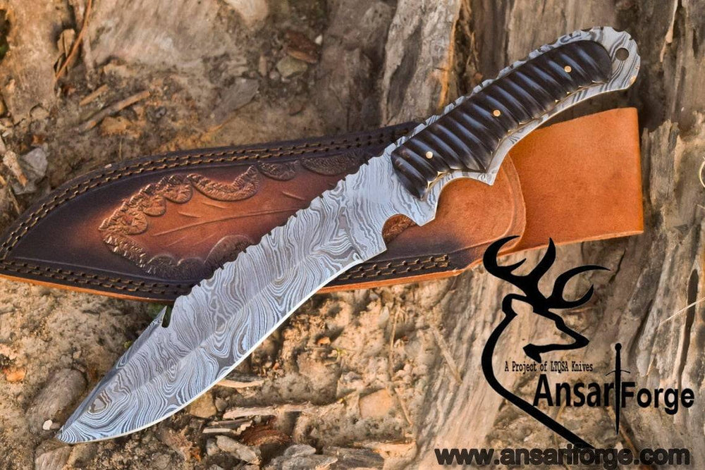 Handmade Damascus Steel Hunting Knife with Full Tang, 12-inch Drop Point Fixed Blade, Buffalo Horn Handle, and Genuine Cowhide Leather Sheath by Ansari Forge