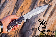 Handmade Damascus Steel Hunting Knife - Full tang Bowie with 12-inch overall length, featuring a 7-inch drop point blade and buffalo horn handle. Crafted by Ansari Forge.