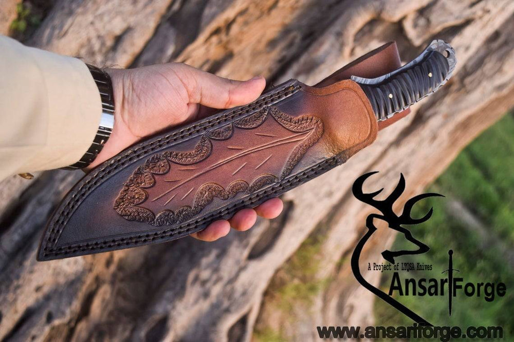 Handmade Damascus Steel Hunting Knife - Full tang Bowie with 12-inch overall length, featuring a 7-inch drop point blade and buffalo horn handle. Crafted by Ansari Forge.