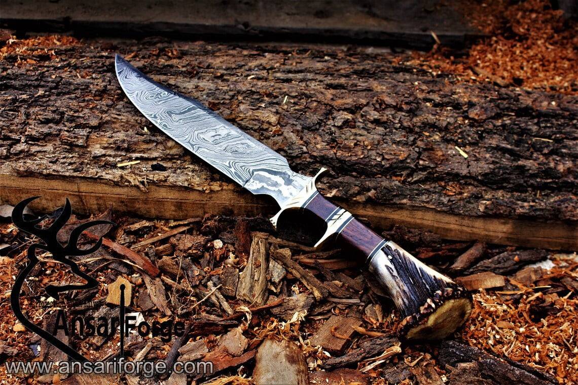 Damascus forged hunting knife, Sub Hilt Bowie knife, Stag crown, Viking Knife, Gifts for men, Viking