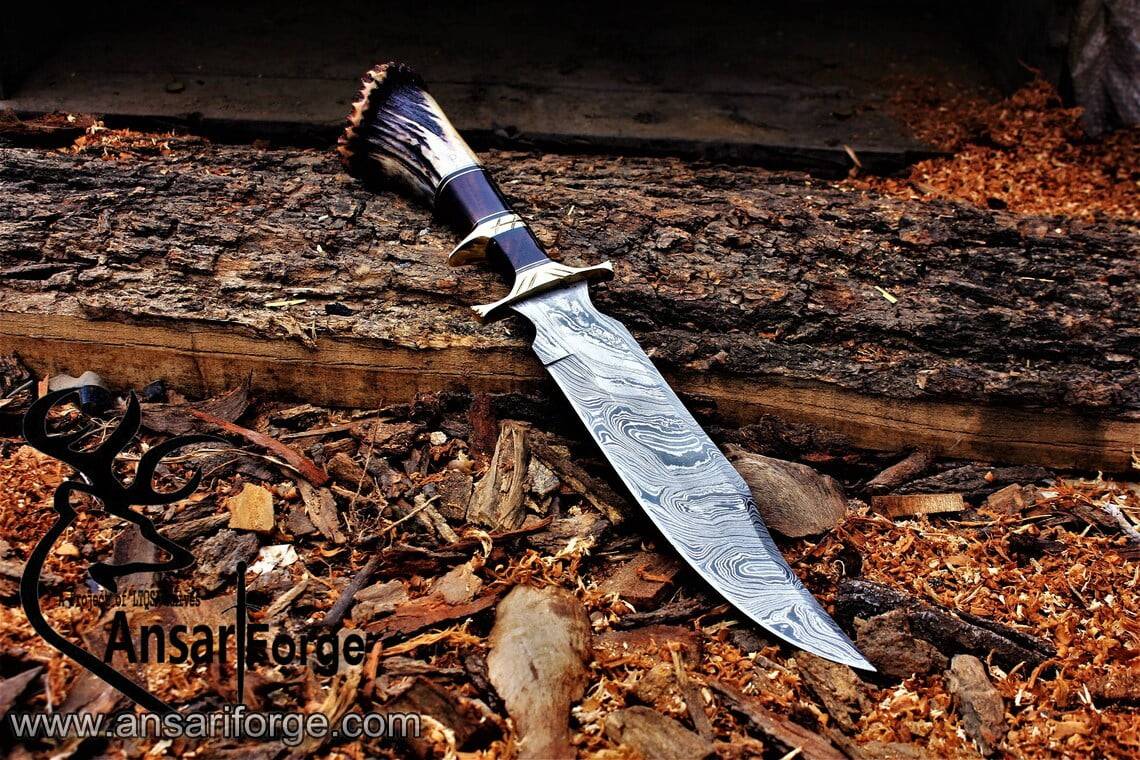 Damascus forged hunting knife, Sub Hilt Bowie knife, Stag crown, Viking Knife, Gifts for men, Viking