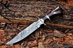 Damascus forged hunting knife, Sub Hilt Bowie knife, Stag crown, Viking Knife, Gifts for men, Viking