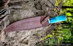 Damascus steel custom hunting knife with leather sheath