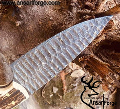Damascus steel flint knapped hunting knife with stag antler handle