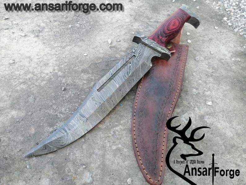 Damascus steel hunting  Bowie with Damascus guard and pakka wood handle