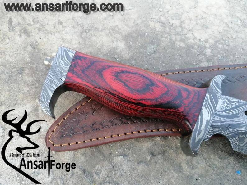 Damascus steel hunting  Bowie with Damascus guard and pakka wood handle