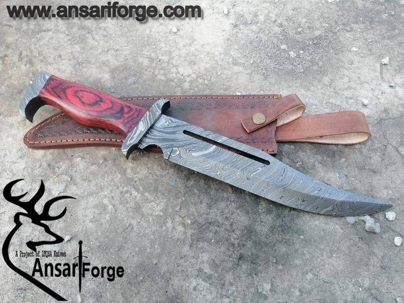 Damascus steel hunting  Bowie with Damascus guard and pakka wood handle