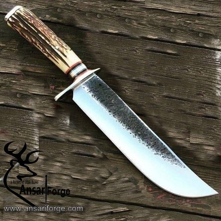 D2 forged handmade Bowie Stag antler handle and tooled fancy leather cover