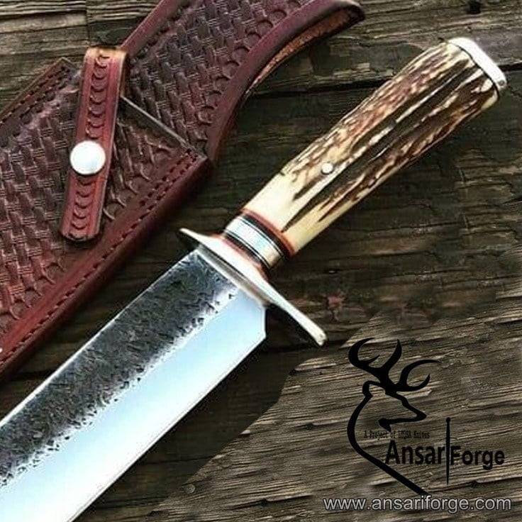 D2 forged handmade Bowie Stag antler handle and tooled fancy leather cover