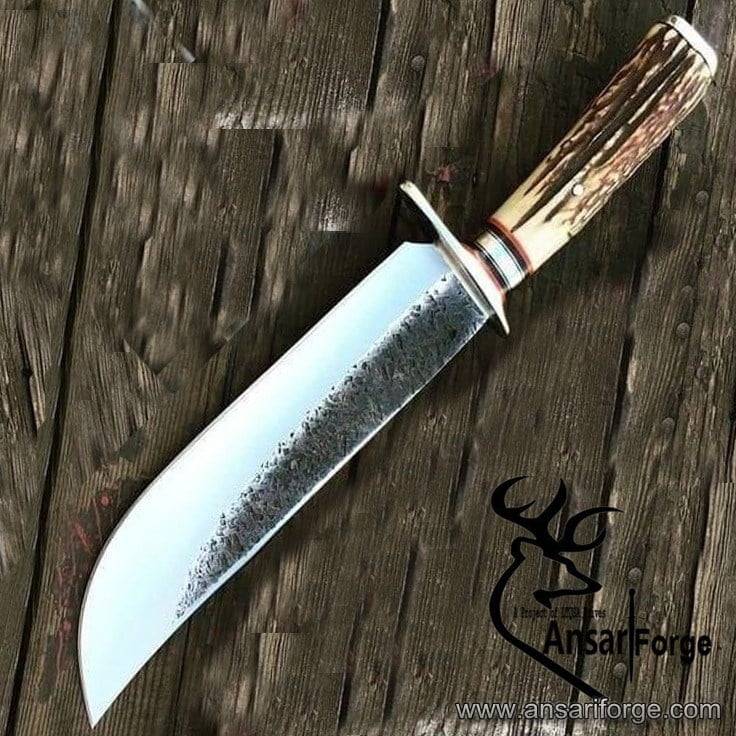 D2 forged handmade Bowie Stag antler handle and tooled fancy leather cover