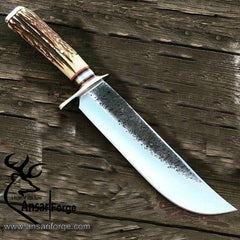 D2 forged handmade Bowie Stag antler handle and tooled fancy leather cover