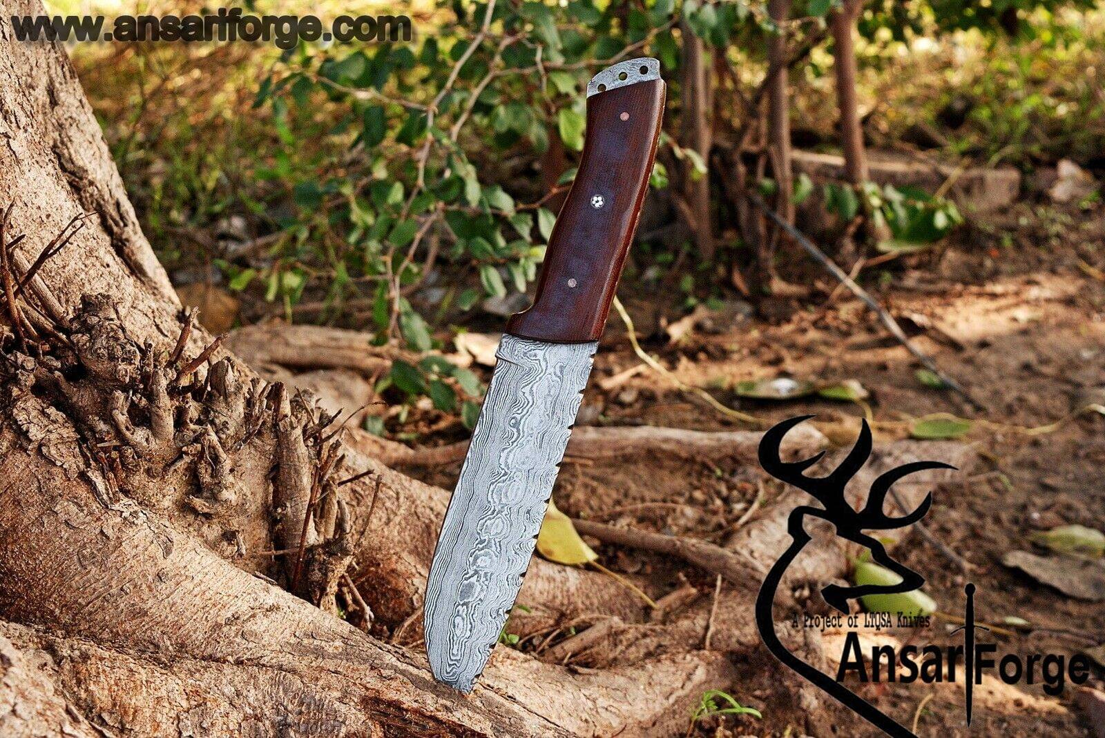 Ladder Pattern Damascus Steel Blade on Full Tang Hunting Knife.