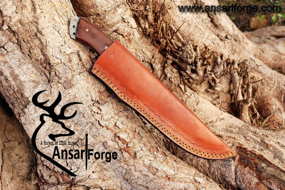 Full Tang Hunting Knife with Ergonomic Micarta Handle and Leather Sheath.