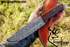 Full Tang Hunting Knife with Damascus Steel Blade and Micarta Handle.
