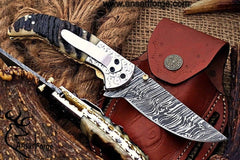 Custom made Damascus steel Pocket knife sheep horn handle