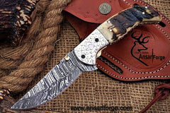 Custom made Damascus steel Pocket knife sheep horn handle