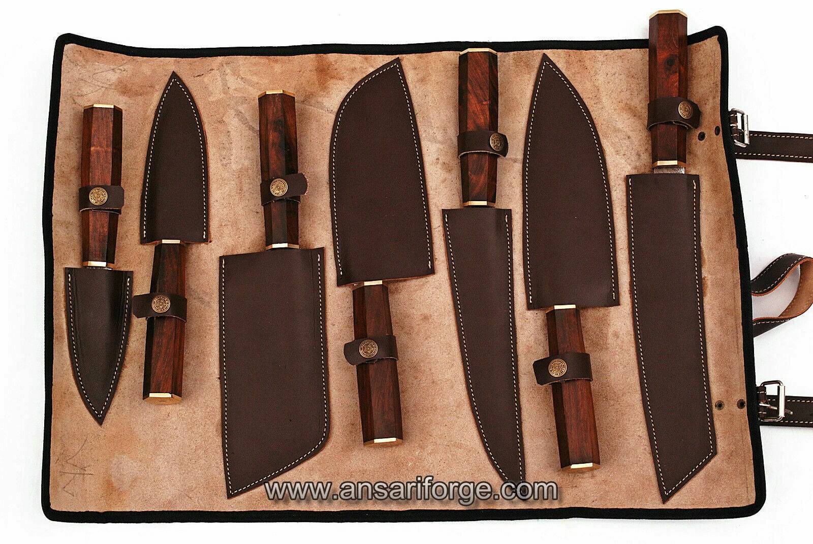 7 Pcs Damascus steel Japanese kitchen knives kit with free leather roll bag