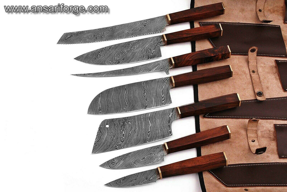 7 Pcs Damascus steel Japanese kitchen knives kit with free leather roll bag