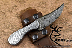Damascus steel skinner knife hand engraved white copper handle