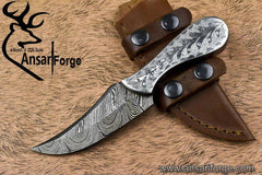 Damascus steel skinner knife hand engraved white copper handle