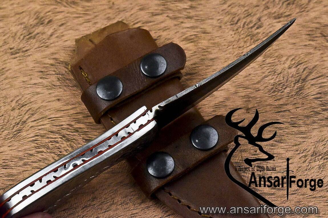 Damascus steel skinner knife hand engraved white copper handle