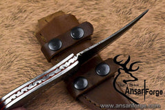 Damascus steel skinner knife hand engraved white copper handle