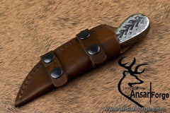 Damascus steel skinner knife hand engraved white copper handle