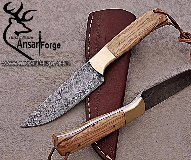 Damascus steel flint knapped beautiful hunting knife skinner