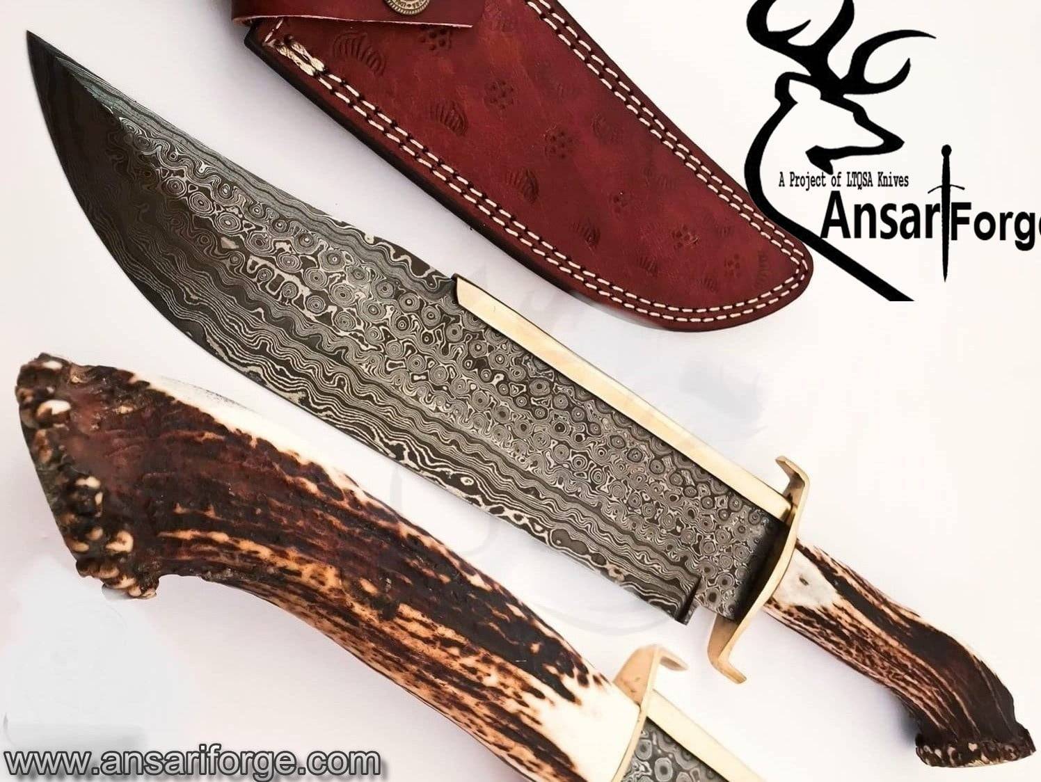 Hand Made Damascus Steel forged Texas Bowie Knife Handle Brass clip with stag horn