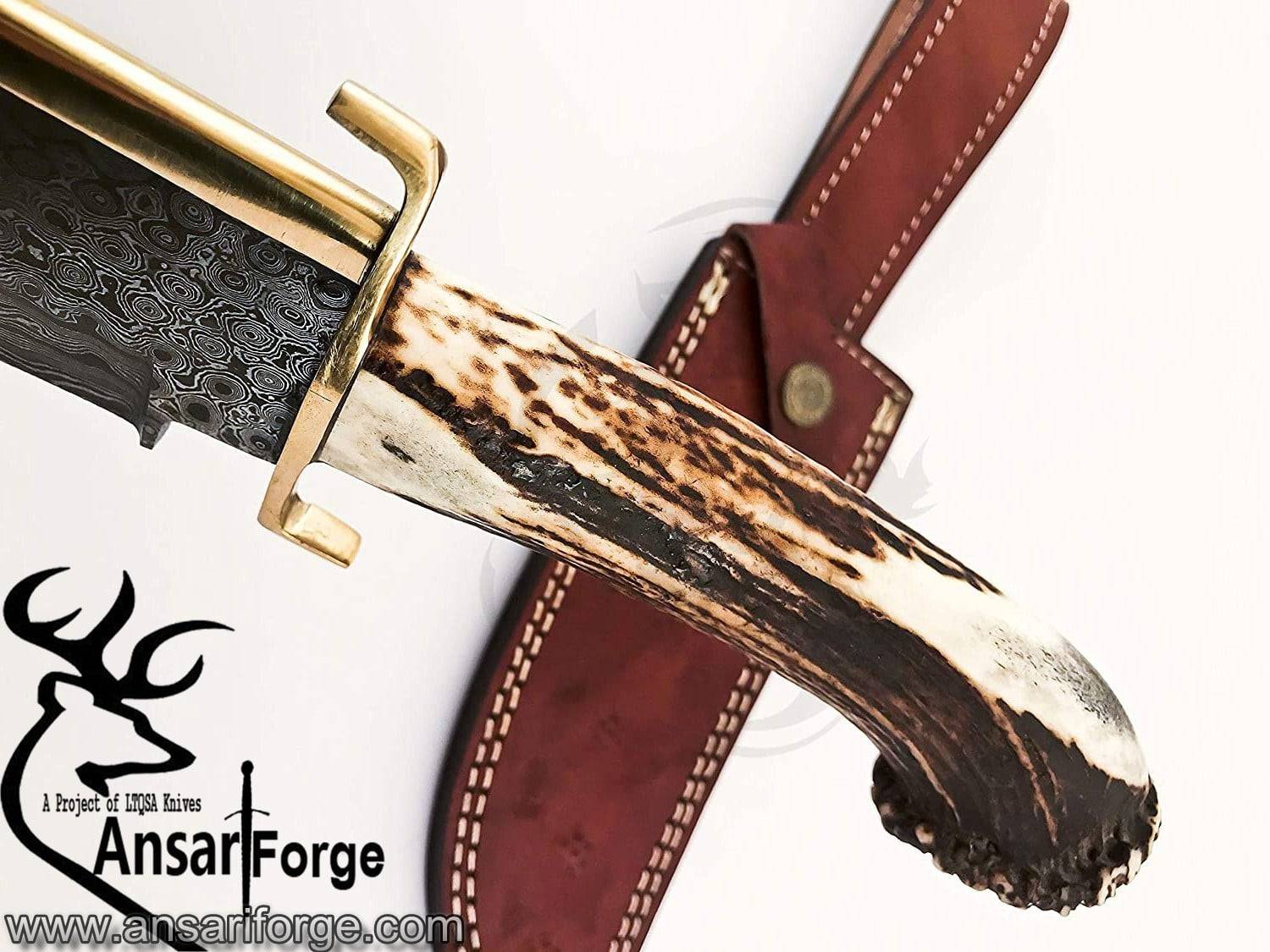 Hand Made Damascus Steel forged Texas Bowie Knife Handle Brass clip with stag horn