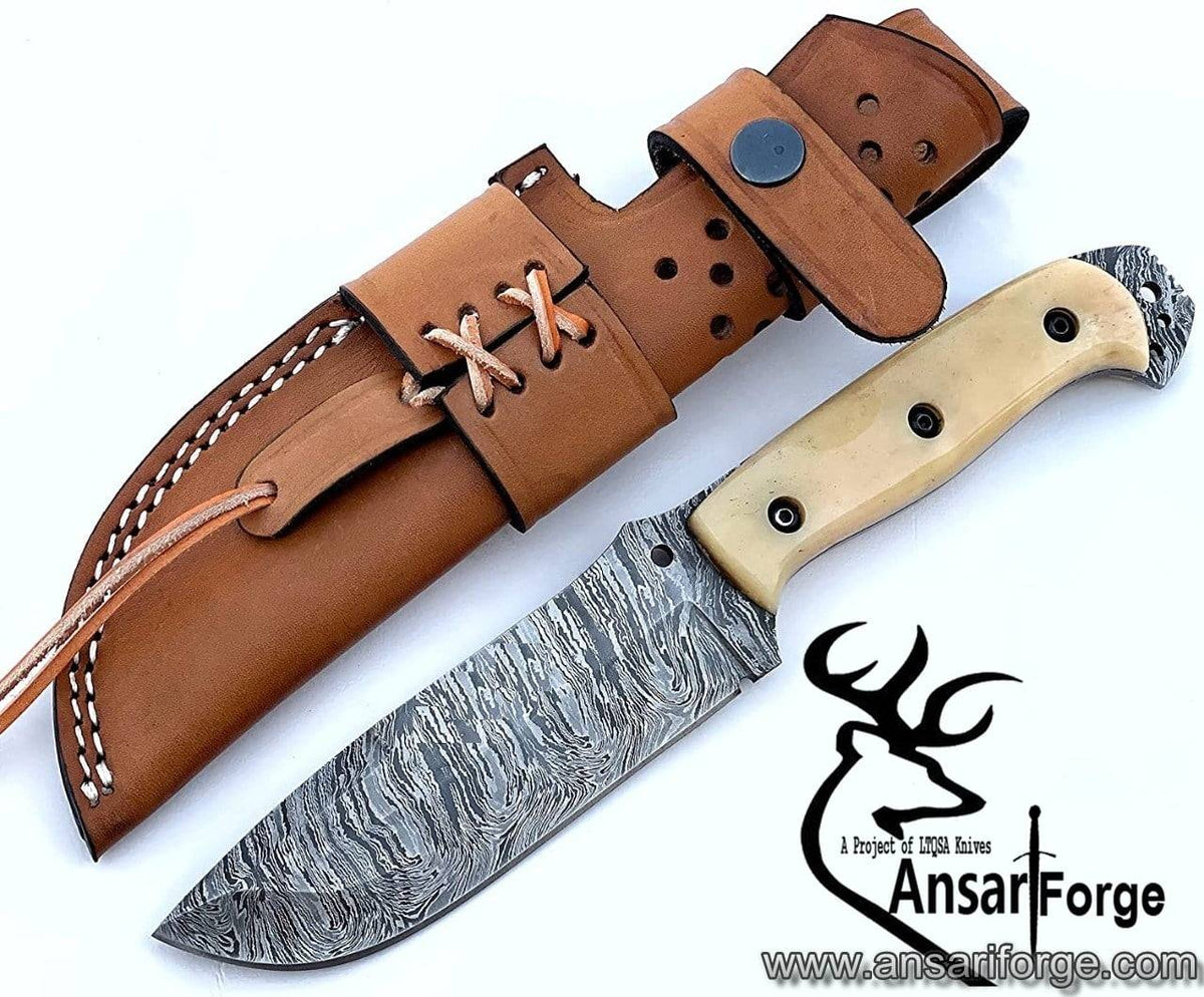 Damascus steel full tang hunting knife with camel bone handle