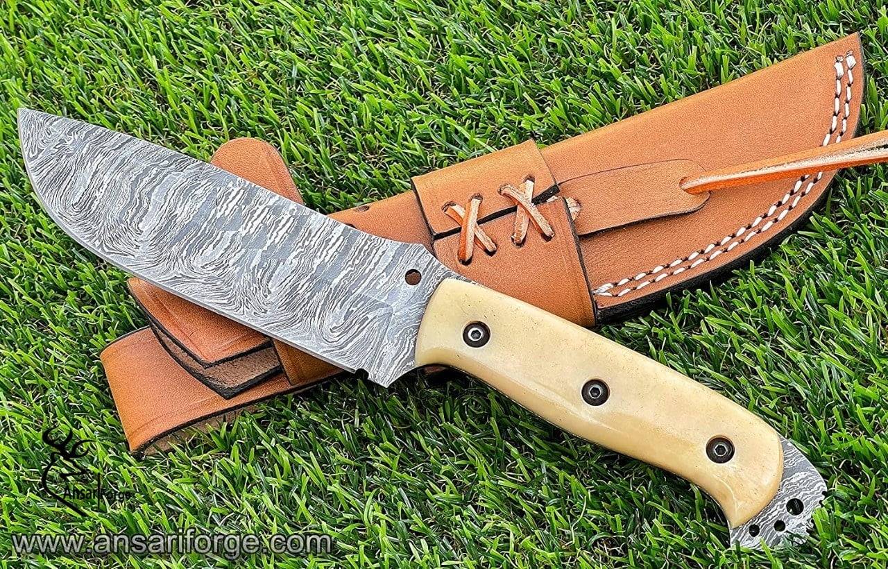 Damascus steel full tang hunting knife with camel bone handle