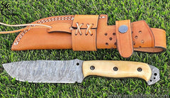 Damascus steel full tang hunting knife with camel bone handle