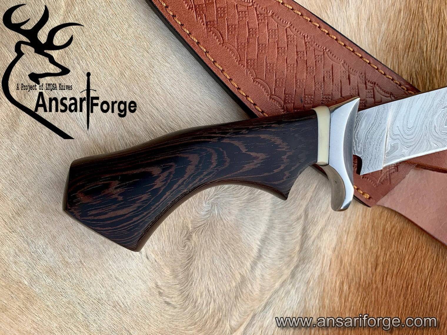 Hand forged Damascus knife with patterned steel blade, dark wood handle, and leather sheath - Ansari Forge custom outdoor tool for hunting and survival.