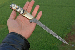 Damascus steel fillet knife with leather sheath
