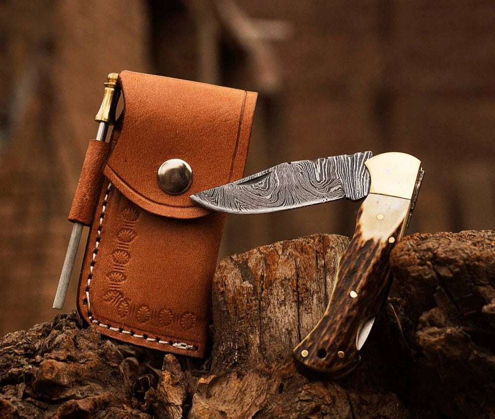 Ansari Forge Handmade Damascus EDC Pocket Knife with Stag Antler Handle and Leather Sheath.