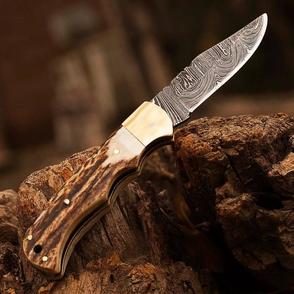 The 3.5-inch stag antler handle of the Ansari Forge EDC pocket knife, showcasing the brass bolsters and file work on the spine.
